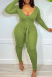 Fluorescent Green Casual Solid Split Joint With Belt V Neck Skinny Jumpsuits