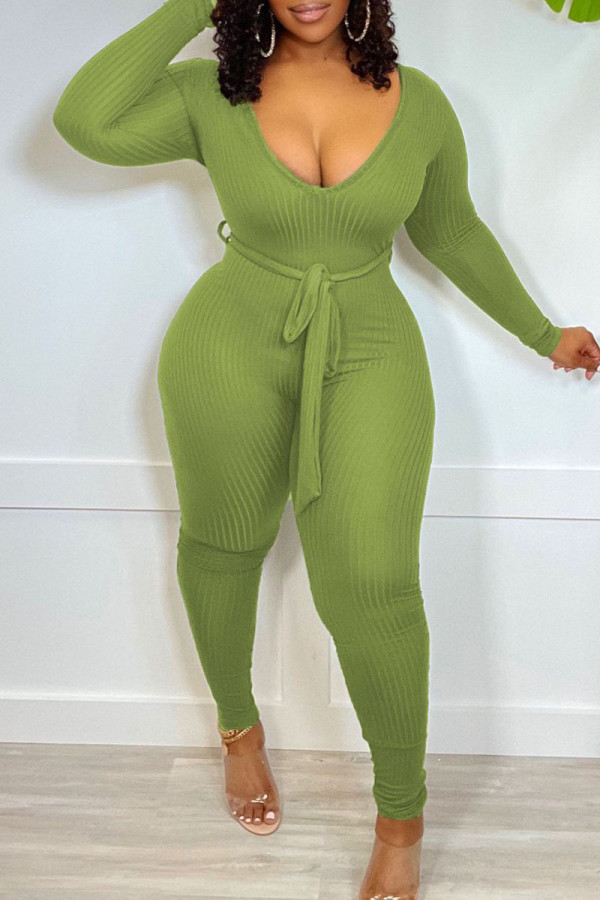 Green Casual Solid Split Joint With Belt V Neck Skinny Jumpsuits
