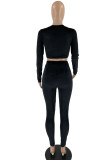 Black Sexy Solid Split Joint Frenulum V Neck Long Sleeve Two Pieces