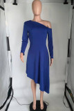 Deep Blue Casual Elegant Solid Patchwork Asymmetrical Oblique Collar A Line Dresses