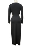 Black Sexy Solid Hollowed Out Patchwork Metal Accessories Decoration Slit O Neck Straight Dresses