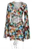 Colour Fashion Sexy Print Hollowed Out V Neck Long Sleeve Dresses