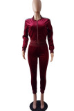 Wine Red Sportswear Striped Patchwork O Neck Long Sleeve Two Pieces