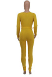 Yellow Casual Solid Split Joint With Belt V Neck Skinny Jumpsuits
