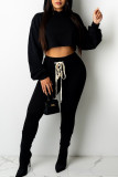 Ink Green Casual Solid Bandage Patchwork Hooded Collar Long Sleeve Two Pieces