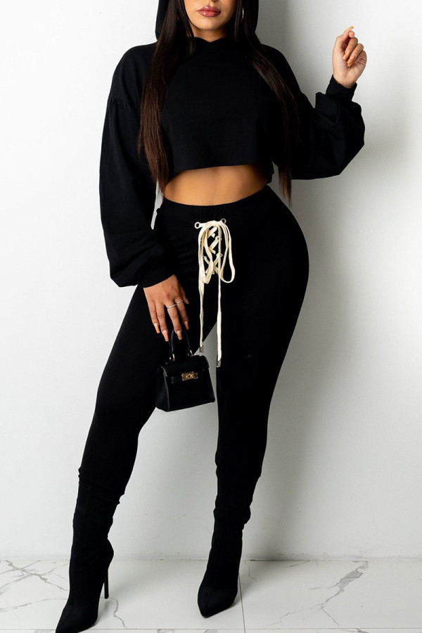 Black Casual Solid Bandage Patchwork Hooded Collar Long Sleeve Two Pieces