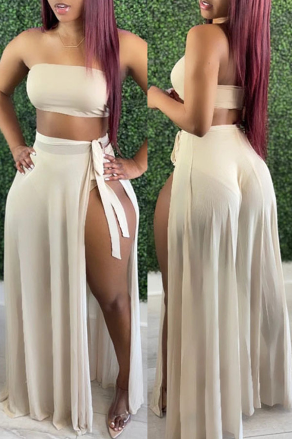 Apricot Fashion Sexy Solid See-through Backless Swimwears Set