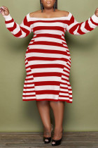 Red Casual Elegant Striped Print Split Joint Off the Shoulder A Line Plus Size Dresses