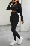 Coffee Casual Sportswear Solid Basic V Neck Long Sleeve Two Pieces
