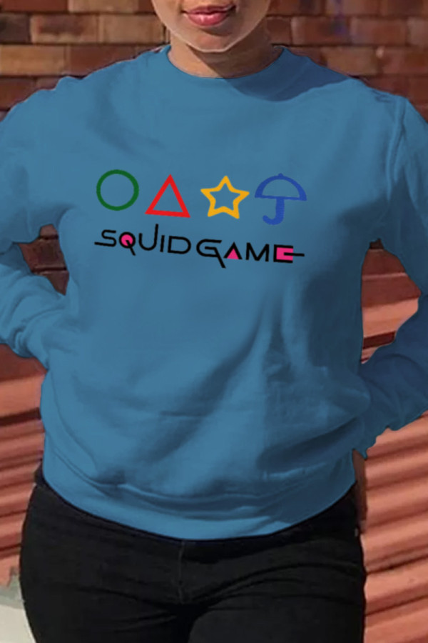 Blue Fashion Casual Print Patchwork O Neck Tops (squid game)