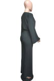 Grey Casual Solid Patchwork O Neck Long Sleeve Two Pieces