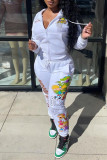 White Fashion Casual Print Basic Hooded Collar Long Sleeve Two Pieces