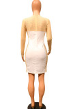 White Sexy Solid Patchwork See-through Hot Drill O Neck One Step Skirt Dresses