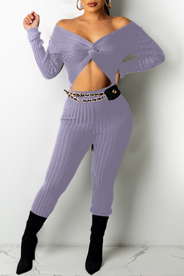 Light Purple Sexy Solid Patchwork Knotted V Neck Long Sleeve Two Pieces(Without Belt)