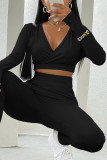 Coffee Casual Sportswear Solid Basic V Neck Long Sleeve Two Pieces