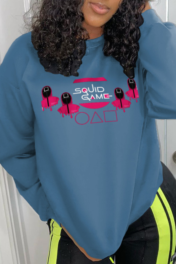 Blue Casual Street Print Patchwork O Neck Tops (squid game)