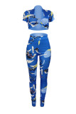 Blue Fashion Casual Print Hollowed Out V Neck Short Sleeve Two Pieces