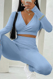 Coffee Casual Sportswear Solid Basic V Neck Long Sleeve Two Pieces