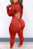 Tangerine Red Sexy Solid Backless V Neck Skinny Jumpsuits