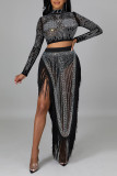 Gold Sexy Solid Tassel Patchwork See-through Asymmetrical Hot Drill Half A Turtleneck Long Sleeve Two Pieces