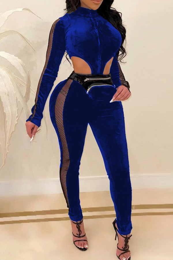 Royal Blue Fashion Sexy Patchwork Hollowed Out See-through Zipper Collar Long Sleeve Jumpsuits (Without Belt Bag)
