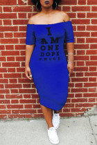 Royal blue Off The Shoulder Short Sleeves One word collar Mid-Calf Patchwork Casual Dresses