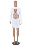 White Fashion Sexy Solid Hollowed Out O Neck Long Sleeve Dresses