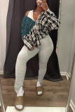 Grey Fashion Casual Plaid Print Patchwork Turndown Collar Outerwear