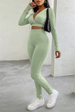 Coffee Casual Sportswear Solid Basic V Neck Long Sleeve Two Pieces