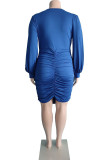 Blue Sexy Solid Patchwork Fold V Neck One Step Skirt Plus Size Dresses