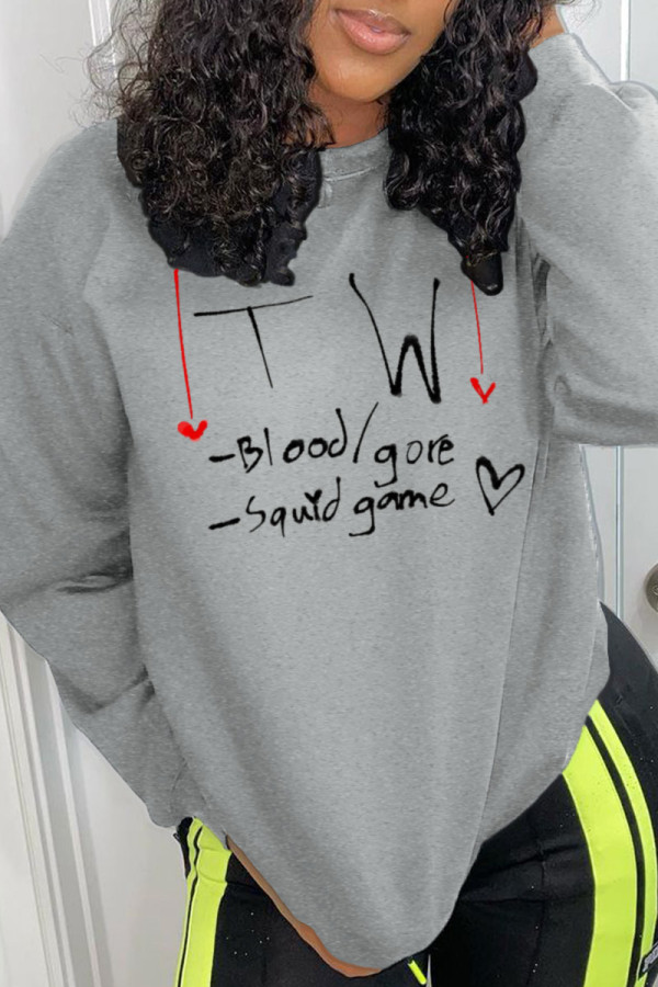 Grey Casual Street Print Patchwork Letter O Neck Tops (squid game)