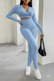 Coffee Casual Sportswear Solid Basic V Neck Long Sleeve Two Pieces