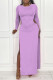 Purple Sexy Solid Hollowed Out Patchwork Metal Accessories Decoration Slit O Neck Straight Dresses