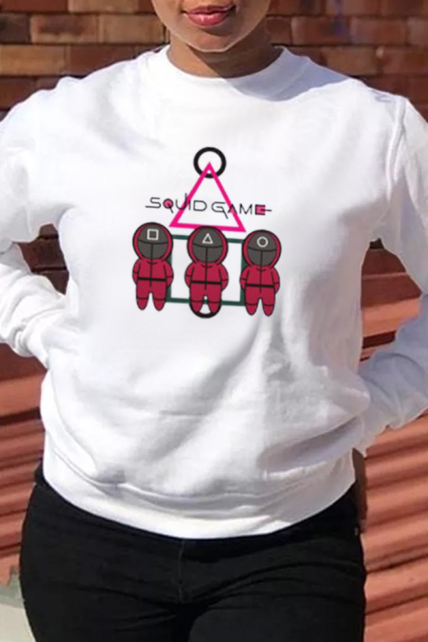 White Casual Street Print Patchwork O Neck Tops (squid game)