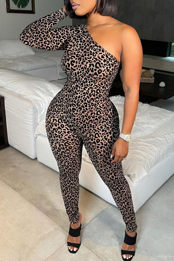 Camel Sexy Print Leopard Patchwork Asymmetrical Oblique Collar Skinny Jumpsuits
