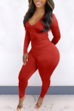 Tangerine Red Sexy Solid Backless V Neck Skinny Jumpsuits