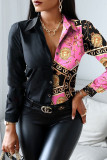 Black Gold Casual Print Patchwork Buckle Turndown Collar Tops