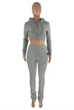 Light Blue Fashion Solid Fold Hooded Collar Long Sleeve Two Pieces
