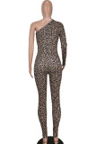 Camel Sexy Print Leopard Patchwork Asymmetrical Oblique Collar Skinny Jumpsuits
