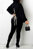 Ink Green Casual Solid Bandage Patchwork Hooded Collar Long Sleeve Two Pieces