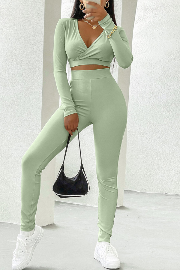 Green Casual Sportswear Solid Basic V Neck Long Sleeve Two Pieces