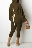 Ink Green Casual Solid Bandage Patchwork Hooded Collar Long Sleeve Two Pieces