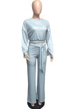 Grey Casual Solid Patchwork O Neck Long Sleeve Two Pieces