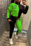 Fluorescent Green Casual Print Split Joint Zipper Zipper Collar Long Sleeve Two Pieces