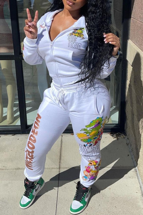 White Fashion Casual Print Basic Hooded Collar Long Sleeve Two Pieces