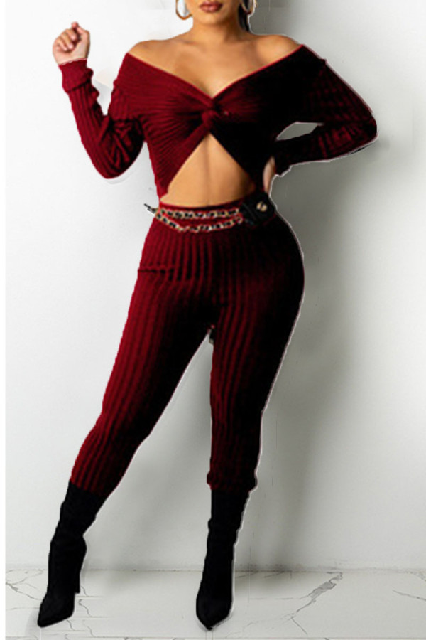 Red Sexy Solid Patchwork Knotted V Neck Long Sleeve Two Pieces(Without Belt)