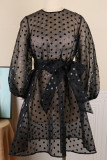 Black Sexy Print Polka Dot Patchwork See-through With Belt O Neck Princess Dresses