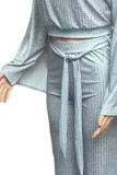 Grey Casual Solid Patchwork O Neck Long Sleeve Two Pieces
