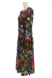 Multicolor Fashion Casual Print Bandage V Neck Long Sleeve Dresses