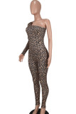 Camel Sexy Print Leopard Patchwork Asymmetrical Oblique Collar Skinny Jumpsuits